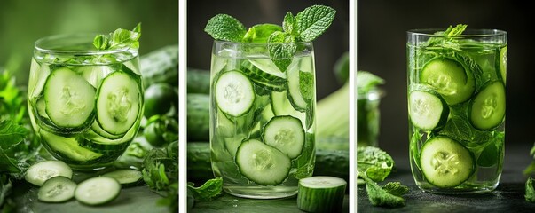 Sparkling water in jar with cucumber and mint leaves