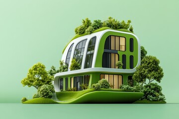 Poster - A clean, minimal illustration of a green building, showcasing energy-efficient architecture and eco-friendly design