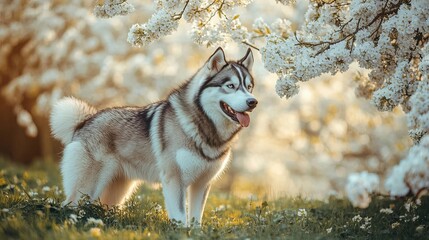 Alaskan Malamute stands on green grass against the background of a flowering tree and proves that she is cute