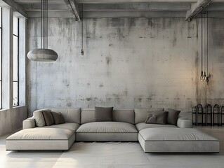 Wall Mural - Sleek and modern loft style living area with exposed concrete walls a large color sectional and minimalist industrial chic lighting clean lines and a sense of urban sophistication