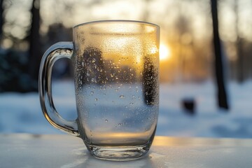 Poster - Glass of Water with Condensation Reflecting Sunset Through Trees