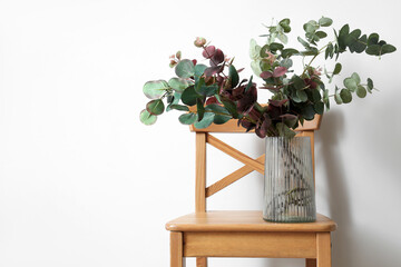 Vase with green eucalyptus branches on wooden chair near white wall, closeup