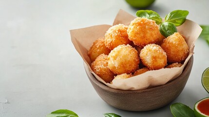 Close-up of delicious fried sweet balls, sweet sauce and lemon on light background