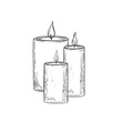 © Masha_tolk_art - Three elegant pillar candles of different heights with burning flame in monochrome hand drawn line black ink illustration. Minimalist holiday composition for spa salon design, Xmas poster