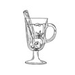 © Masha_tolk_art - Hot Christmas beverage in glass cup with apple slice, berries, cinnamon stick, star anise vector isolated illustration. Hand drawn monochrome drink painted by black inks. For holiday menu decor