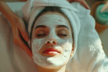 A girl's face is smeared with a white mask at a spa