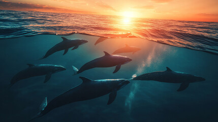 Dolphins swimming in ocean at sunset, underwater view, marine life concept