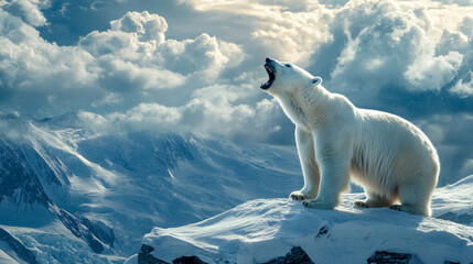 Wall Mural - majestic polar bear roaring on snowy mountain peak, powerful wildlife in icy environment, dramatic w