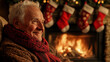 © Bonsales - Senior man by cozy fireplace, wearing red scarf, enjoying holiday season, Christmas stockings in background, warm and festive atmosphere, Christmas joy concept