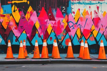 Canvas Print - A Row of Orange Cones Against a Vibrant Graffiti Wall