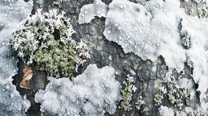 Wall Mural - Frost-covered moss, winter texture, close-up of natural patterns, white crystals, cold nature concept