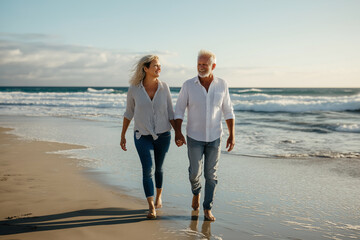 happy elderly couple walking on beach, holding hands, enjoying retirement, ocean waves, clear sky, g