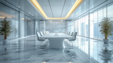 Poster - Futuristic white abstract boardroom with modern business setup, glass surfaces