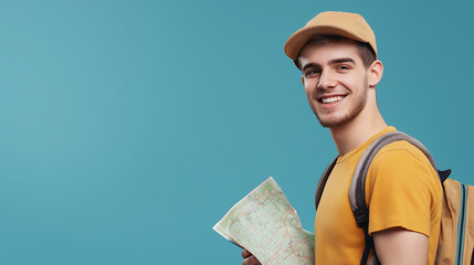 Traveler in yellow shirt holding map, smiling young man with backpack ready for adventure, travel concept