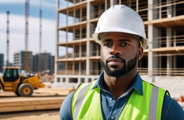 Close-up. An African-American male engineer in a white helmet and reflective vest stands near a building under construction. Construction concept.