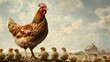 © arthit - A hen watching over her chicks from a perch, with the farmyard and sky offering space for text.