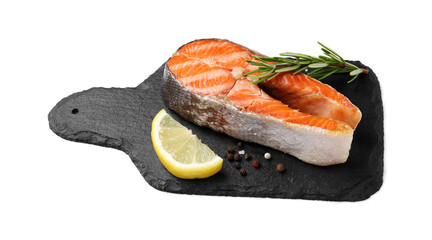 Wall Mural - Tasty grilled salmon steak, lemon and spices isolated on white