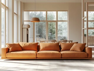 Fototapete - Spacious and airy contemporary living area showcasing a sprawling wraparound sofa in a rich fabric clean lined and uncluttered design with natural wood accents