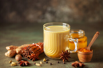 Golden Cinnamon  Turmeric Milk. Trendy hot Healthy drink with turmeric roots and spices. Indian Masala Haldi Doodh.