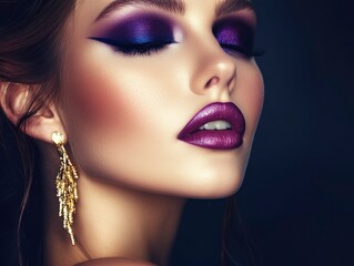 Close-up portrait of a beautiful woman with striking Purple Basil makeup, deep violet eyeshadow