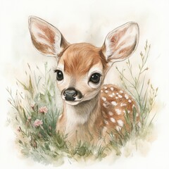 Wall Mural - A watercolor drawing of a baby fawn with soft brown fur and white spots, surrounded by green grass and pink flowers