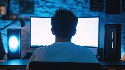 Poster - A person looking at an empty computer screen with a minimal background for copy