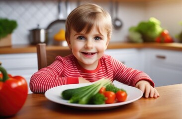 Close-up. Happy child sitting at the kitchen table with a plate of various vegetables.  