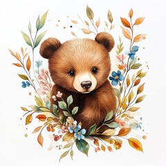 Wall Mural - Charming baby bear illustration with fluffy brown fur, playful demeanor, and surrounded by pastel foliage and flowers