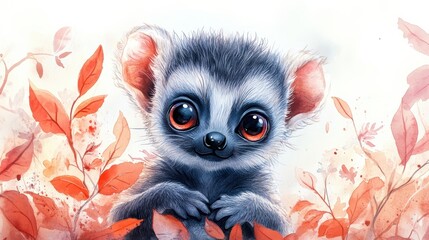 Wall Mural - Charming watercolor illustration of a baby lemur with large eyes, nestled among pastel-colored leaves and flowers in a jungle setting