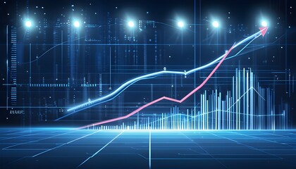 Futuristic blue digital landscape with flowing lines and graphs, representing data flow and business analytics in a sleek technology background.