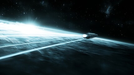 Fototapete - A spaceship flies through the darkness of space. It leaves a trail of bright, glowing lines as it travels. Behind it is a dark blue planet.