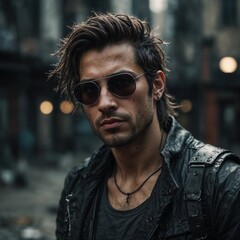 Stylish man with a confident look wearing sunglasses in an urban, grunge environment