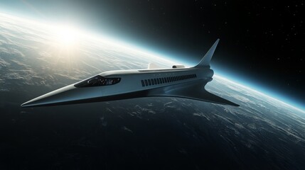 Fototapete - A white, sleek, and futuristic spacecraft with a long, pointed nose flies above Earth's atmosphere