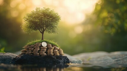 Poster - A tree growing out of a stack of coins, representing financial growth, with room for copy.