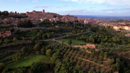 Poster - Italy travel and landmarks. Tuscany region, aerial 4k hd video of old town Montepulciano. drone footage
