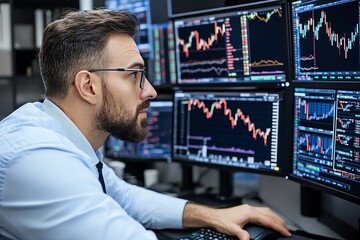 Aufkleber - A financial analyst looking at multiple computer screens displaying stock market data, showing a dynamic trading environment