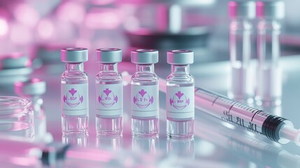 Aufkleber - Four vials of vaccine are lined up on a table. Next to them is a clear syringe. The vials are in focus, while the background is blurred.