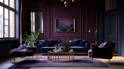 Wall Mural - Luxurious modern living room with rich Purple Basil colored walls and decor, velvet furniture