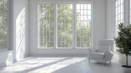 Wall Mural - Sunbeams stream through large windows, illuminating the modern white room.