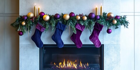 Wall Mural - Modern Christmas mantel decorated with Purple Basil colored garlands, deep violet stockings