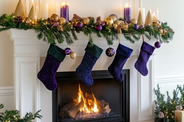 Wall Mural - Modern Christmas mantel decorated with Purple Basil colored garlands, deep violet stockings