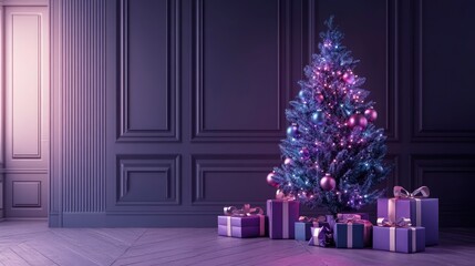 Wall Mural - Modern Christmas scene with a Purple Basil color palette, minimalist Christmas tree in violet hues