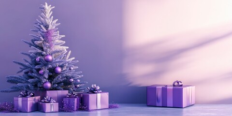 Wall Mural - Modern Christmas scene with a Purple Basil color palette, minimalist Christmas tree in violet hues