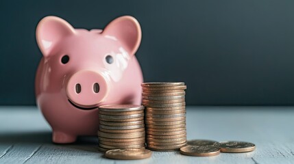 Poster - Coins stacking up next to a piggy bank, with ample space above for text. -