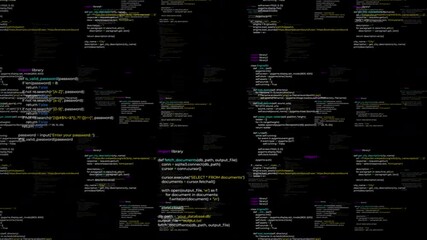 CGI footage of snippets, pieces of running lines of computer code flying forwards through three-dimensional space on black background. Suitable as template, copy space, headpiece