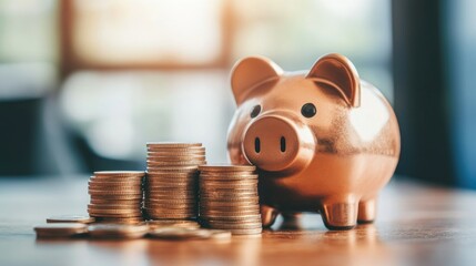 Poster - Coins stacking up next to a piggy bank, with ample space above for text. -