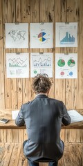 Poster - A professional man analyzes charts and graphs while seated at a wooden desk, illustrating business strategy and analysis.