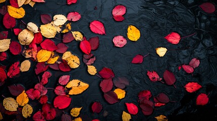 Sticker - Red and Yellow Leaves Floating on Black Water.