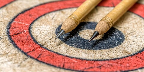 Close-up of a dartboard with two darts resting on the bullseye, symbolizing precision and focus in sports or games.