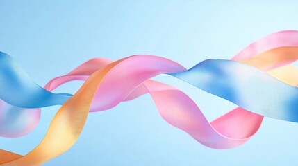 Wall Mural - Pink, blue, and orange ribbons curve and twist dynamically on a light blue background, creating an abstract flow. No people.